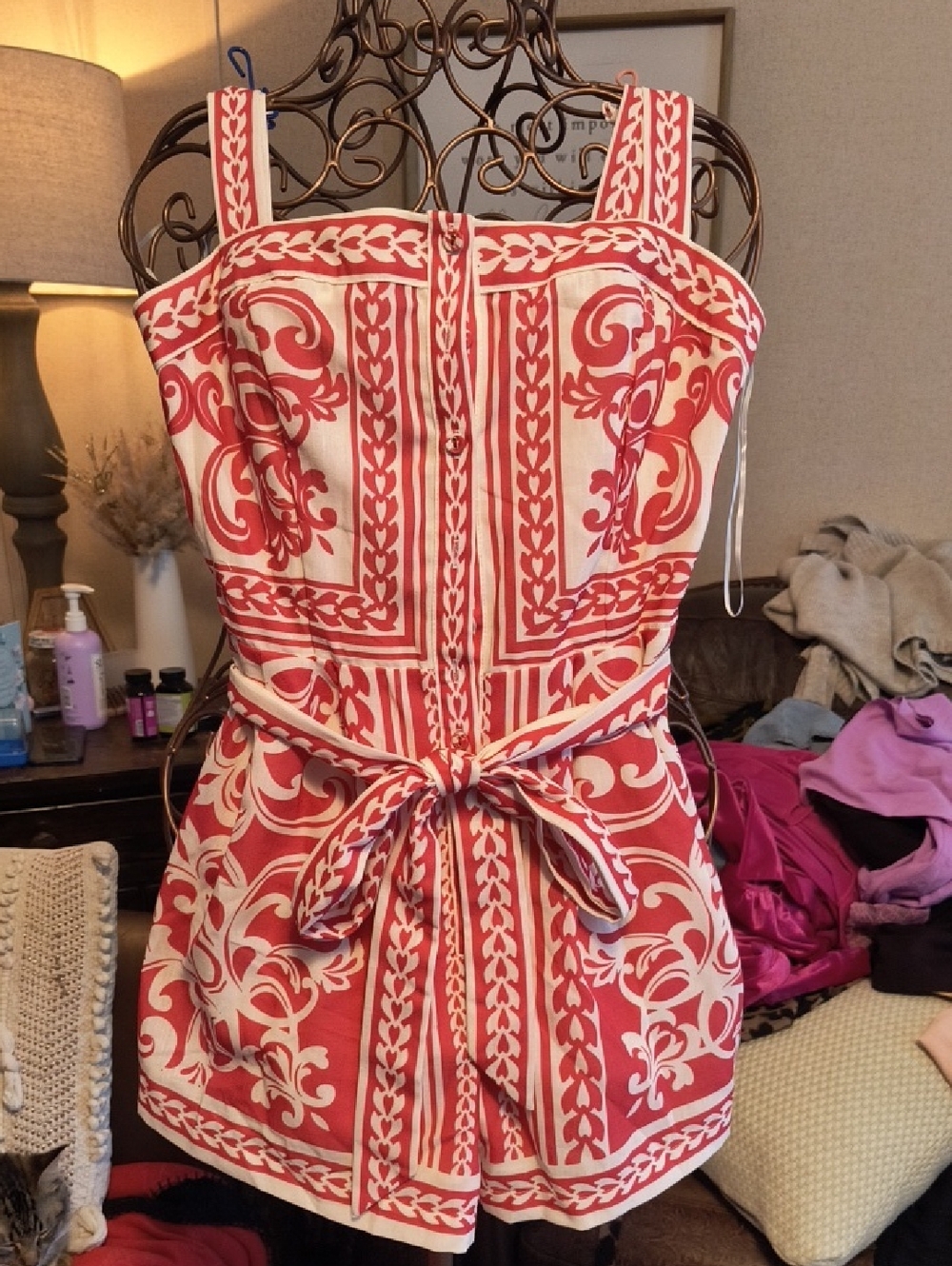 Women’s Red and Cream Strapless Patterned Romper with Waist Tie